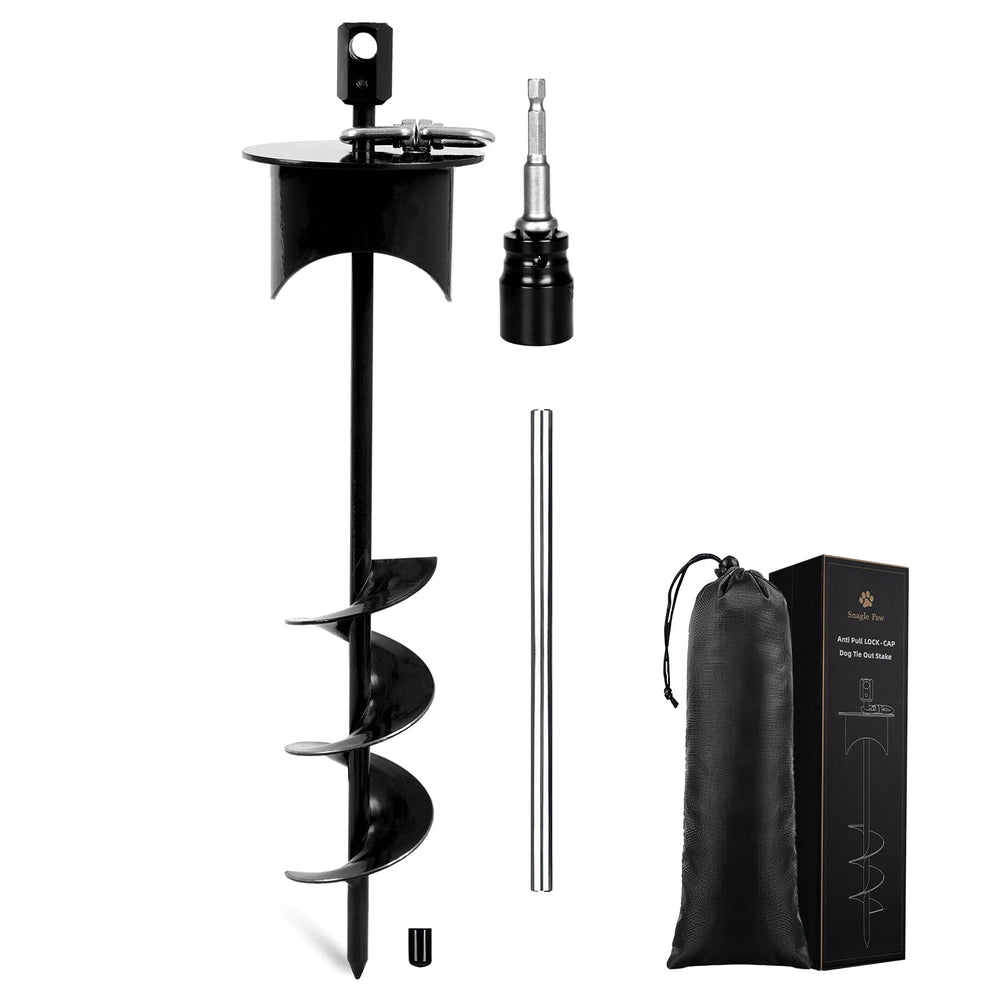 Snagle Paw dog tie-out stake with lock-cap keeps the stake upright in soil.