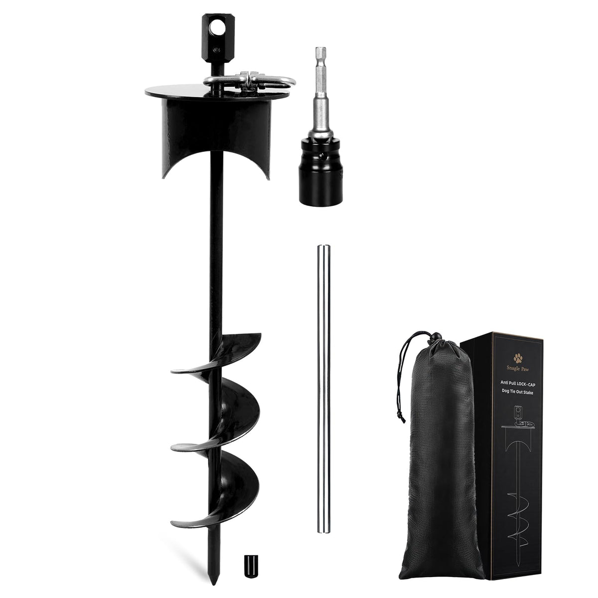 Snagle Paw dog tie-out stake with lock-cap keeps the stake upright in soil.