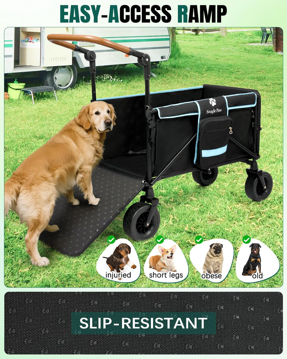 Snagle Paw Extra Large Dog Stroller front view showing expandable tailgate space for larger dogs