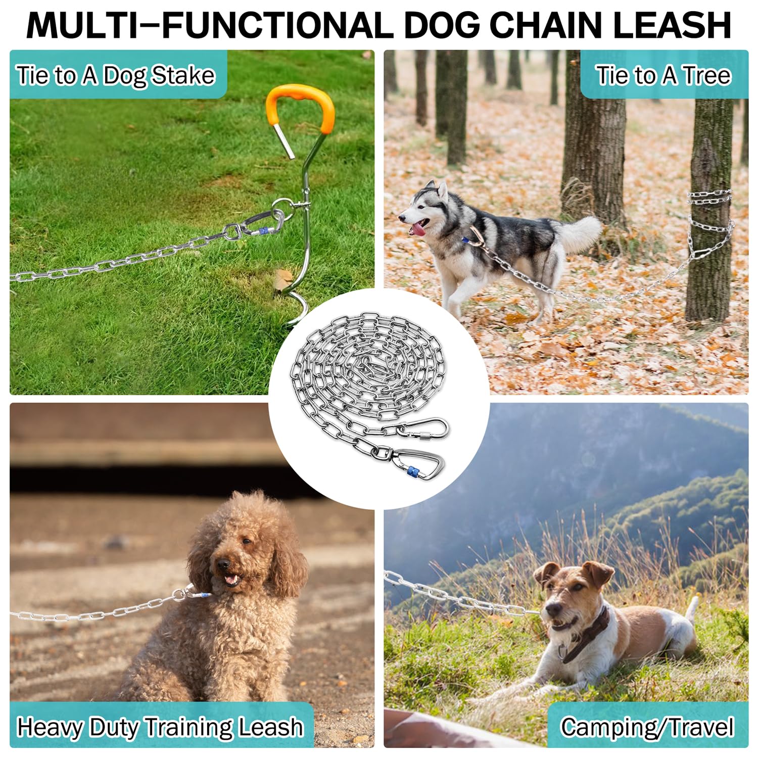 Snagle Paw heavy-duty dog chain leash yard tether setup for camping and parks.