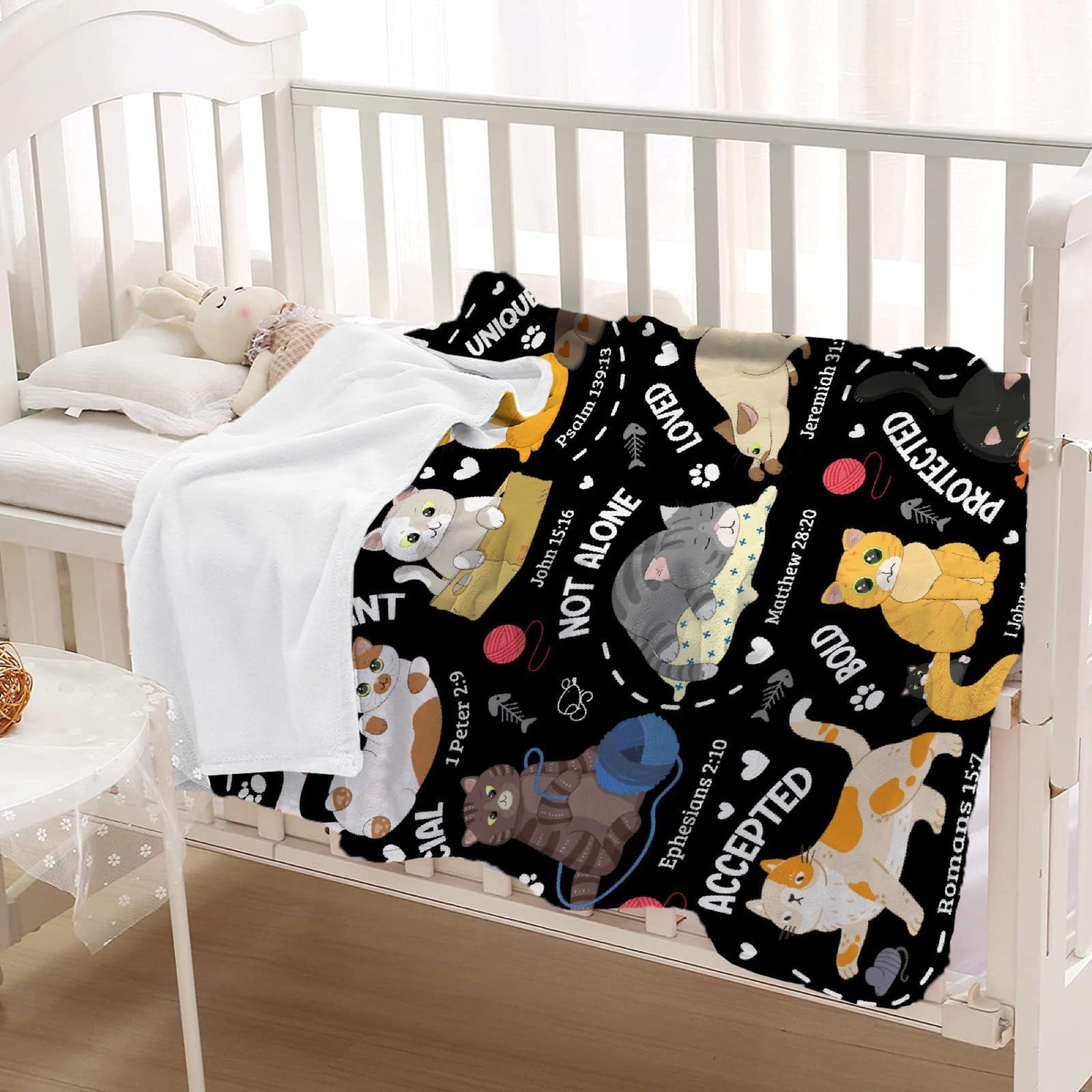 Snanna cat throw blanket text-closeup highlights inspiring scripture for cozy rooms.