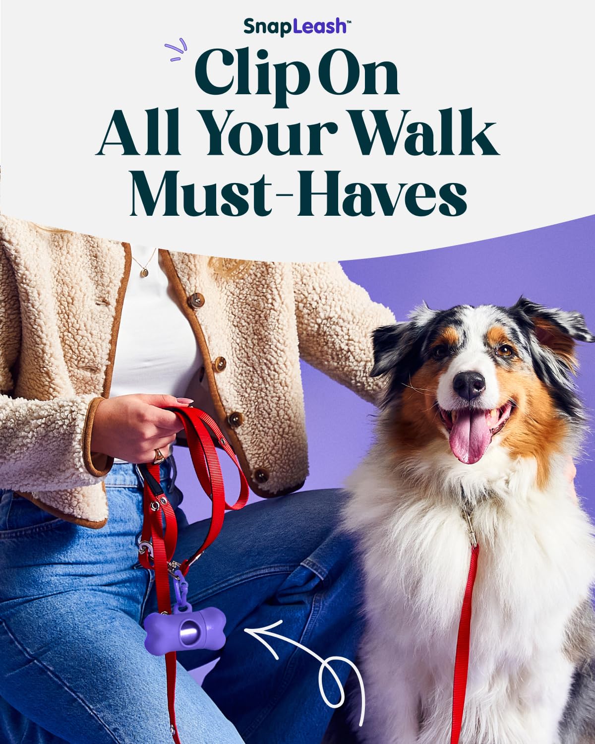 SnapLeash adjustable-length design fits dogs of multiple sizes on the go.