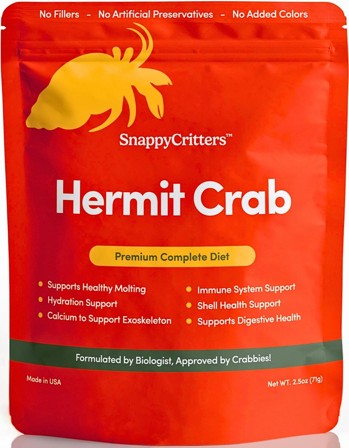SnappyCritters Hermit Crab Food package highlights premium diet for shell health.