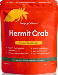SnappyCritters Hermit Crab Food package highlights premium diet for shell health.