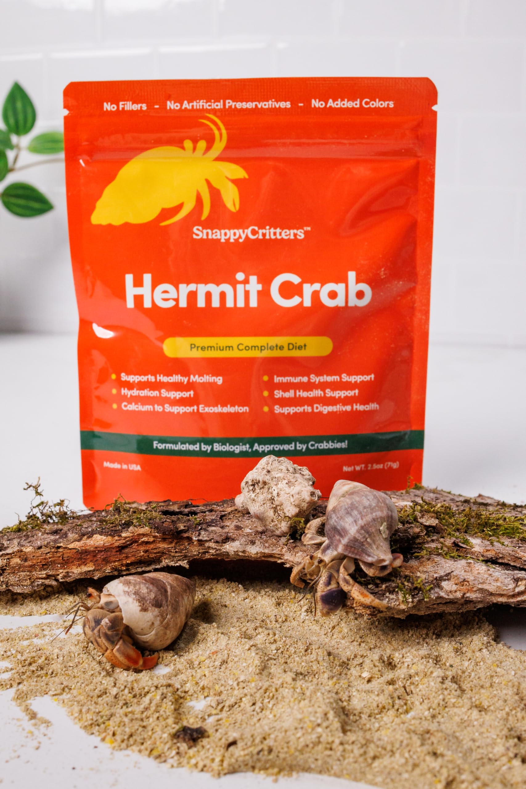 SnappyCritters Hermit Crab Food calcium and vitamins support strong shells.