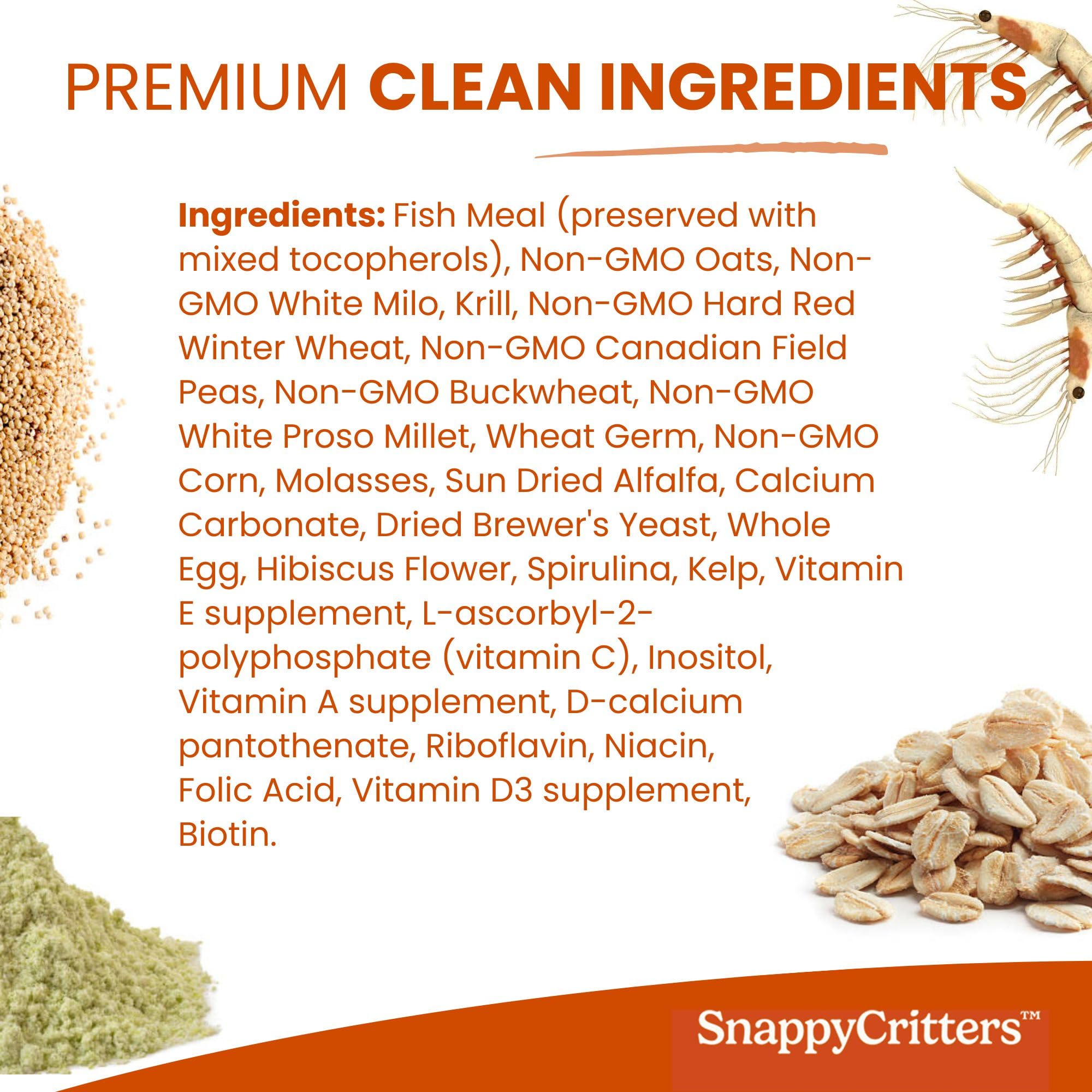 SnappyCritters Hermit Crab Food US FDA facility badge indicates quality control.