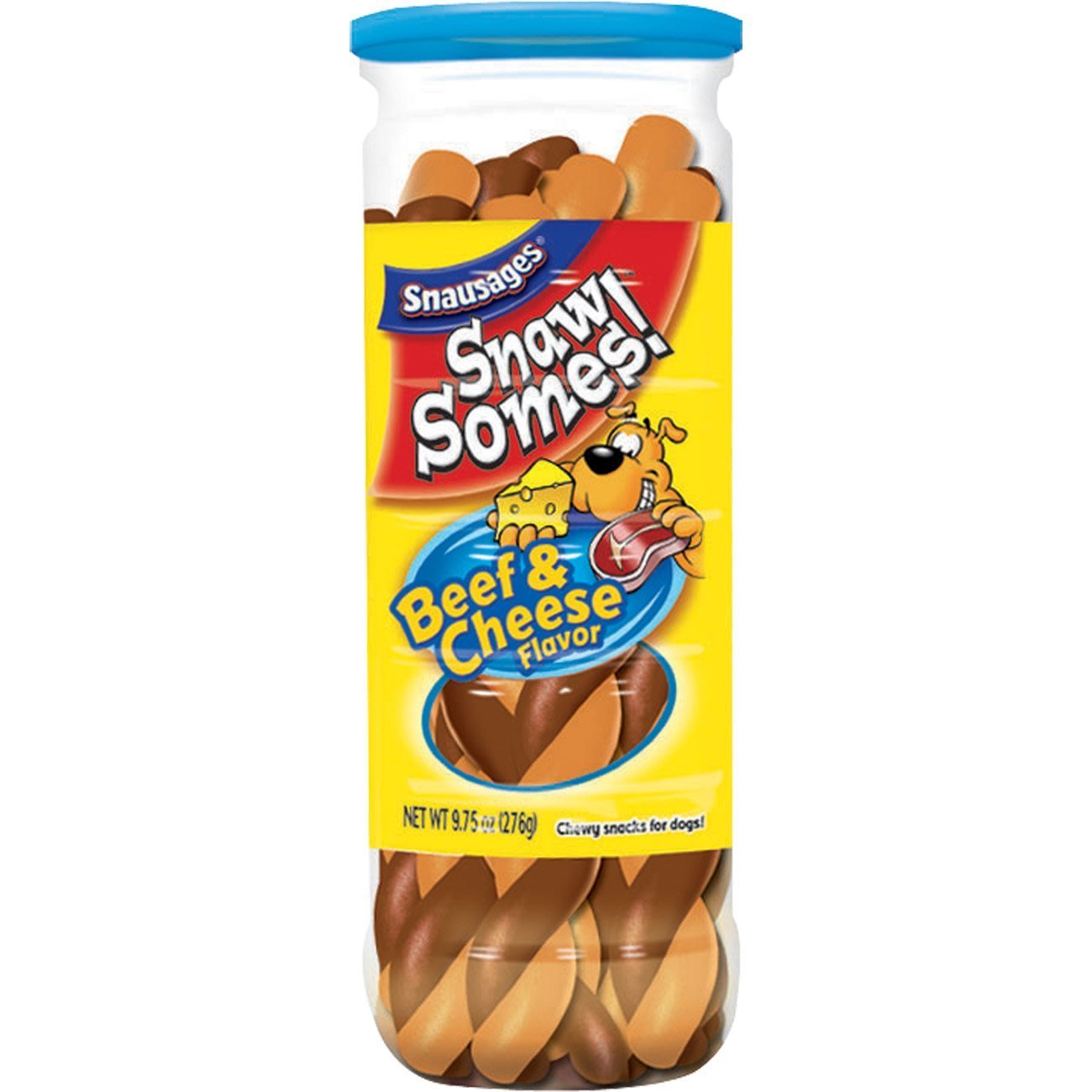 Snausages Snawsomes beef-cheese treats pack-five showcasing chewy rewards for dogs.