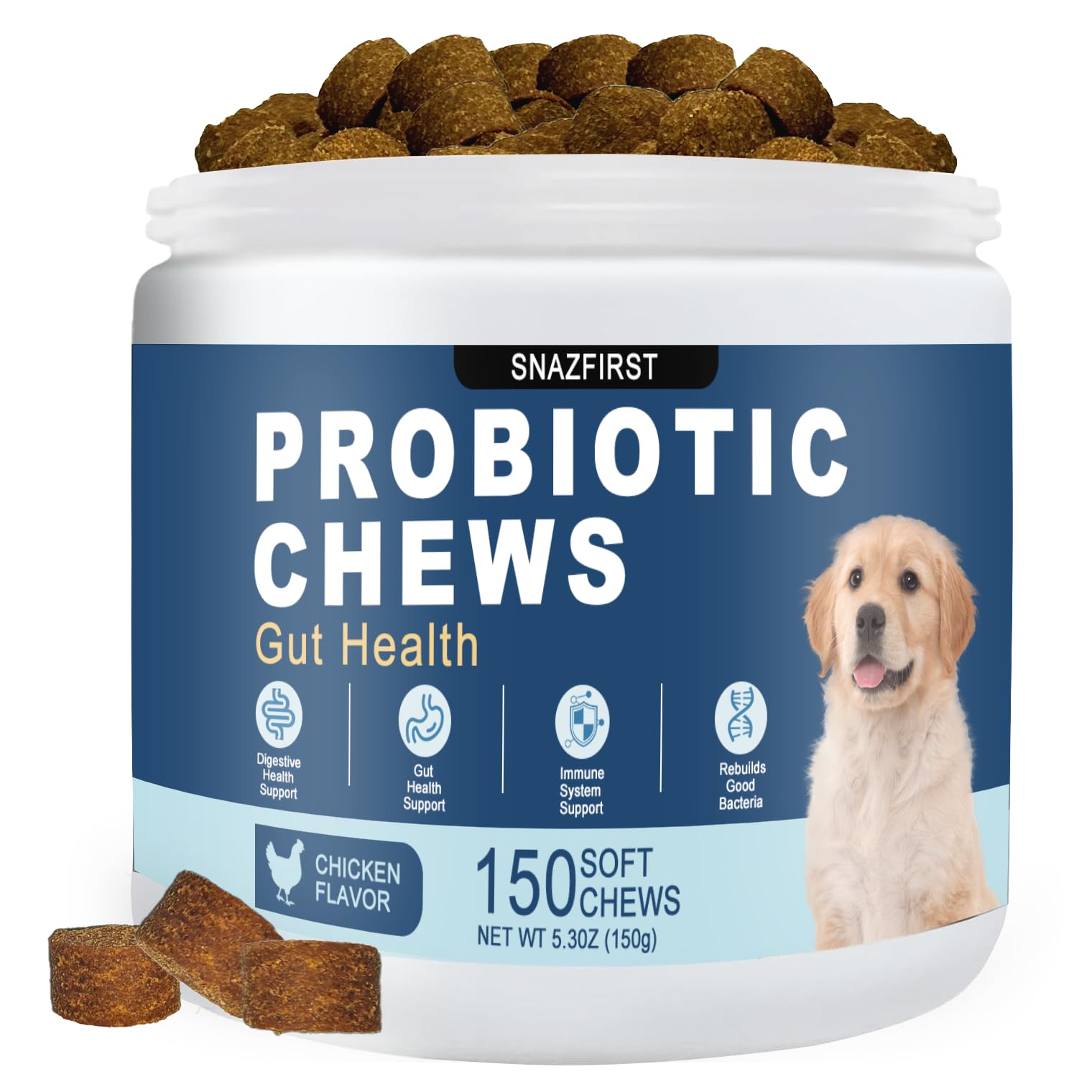 SnazFirst dog probiotics chews chicken packaging makes daily supplementation easy.