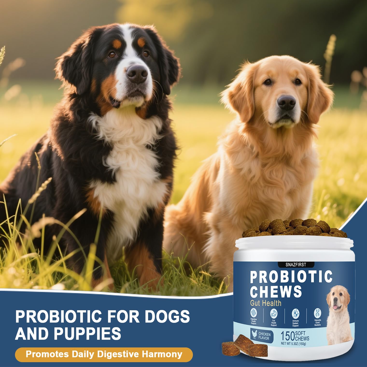 SnazFirst dog probiotics chews daily use supports routine-friendly supplement for pets.