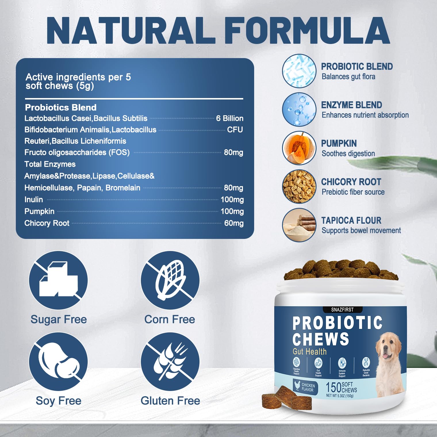 SnazFirst dog probiotics chews ingredients pumpkin inulin highlight gut-friendly benefits.