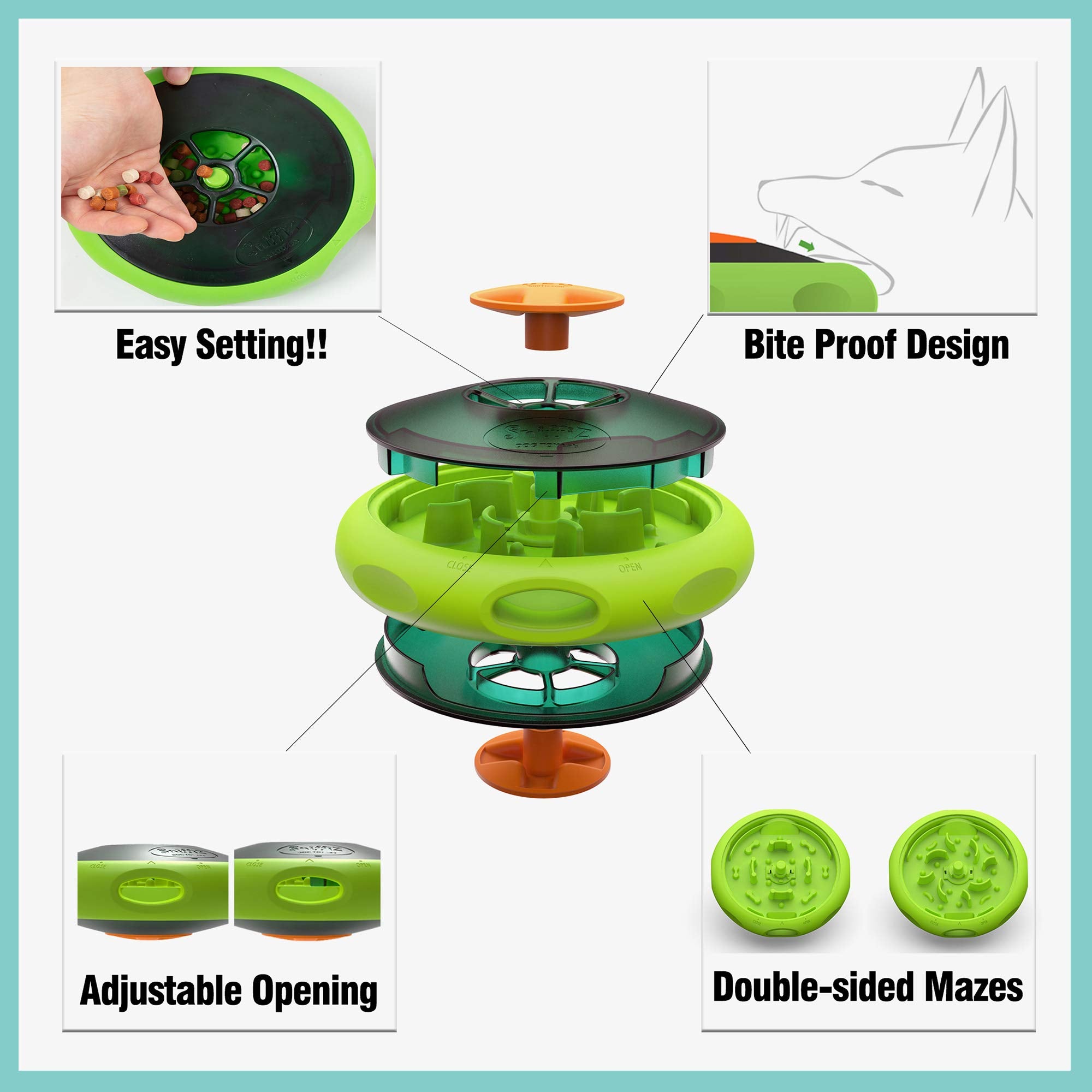 Sniffiz SmellyUFO dual-maze chambers support longer play and varied problems.