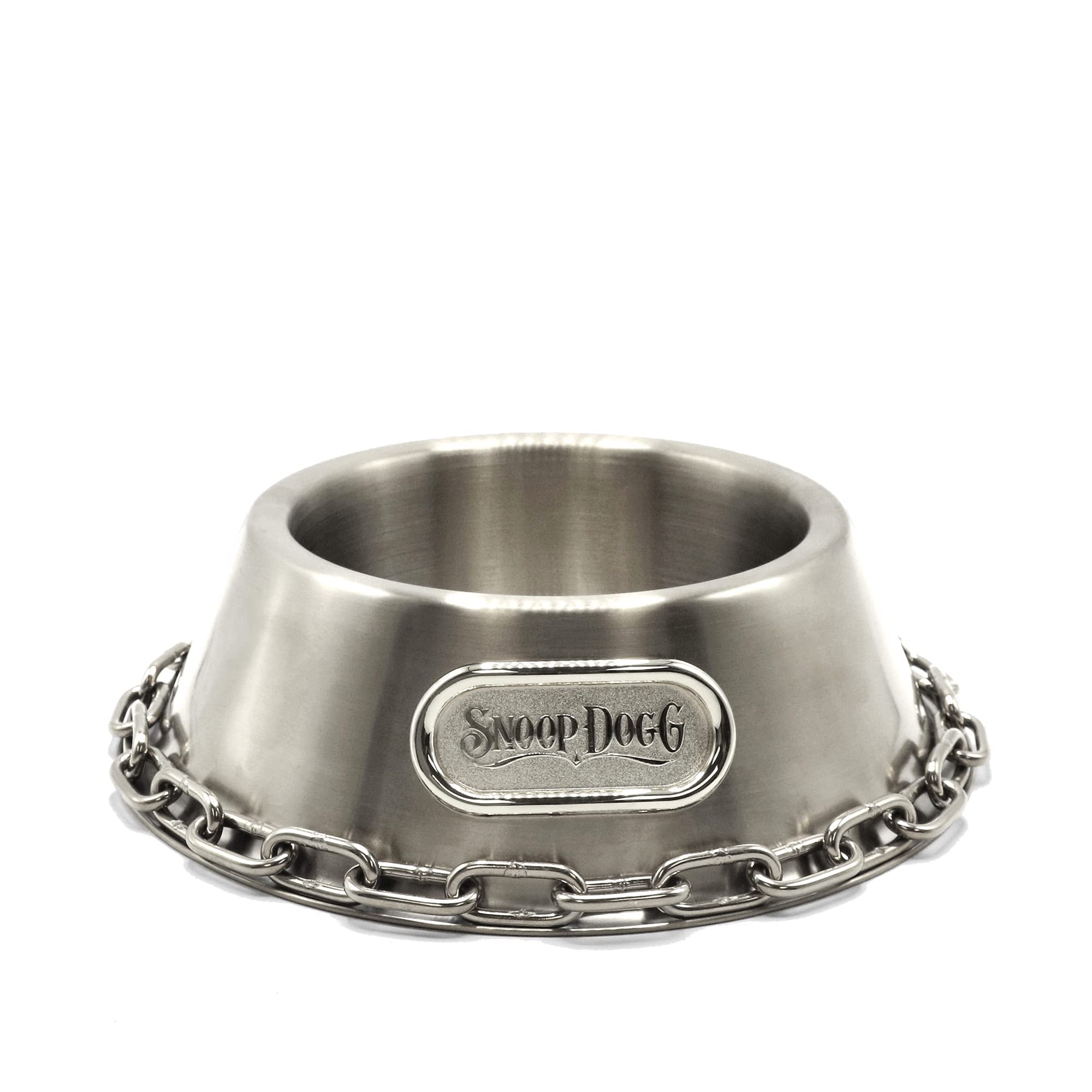 Snoop Doggie Doggs deluxe steel small bowl shows durable polished steel for easy cleaning.