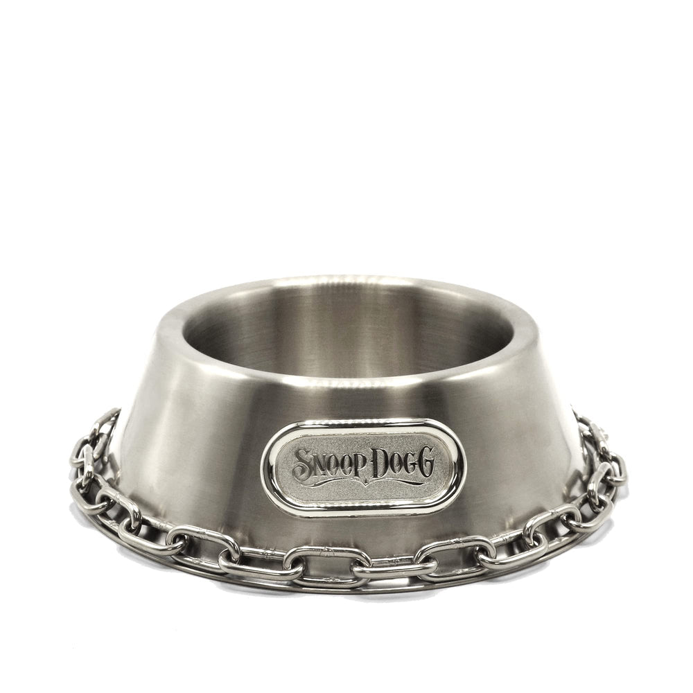 Snoop Doggie Doggs deluxe steel small bowl shows durable polished steel for easy cleaning.