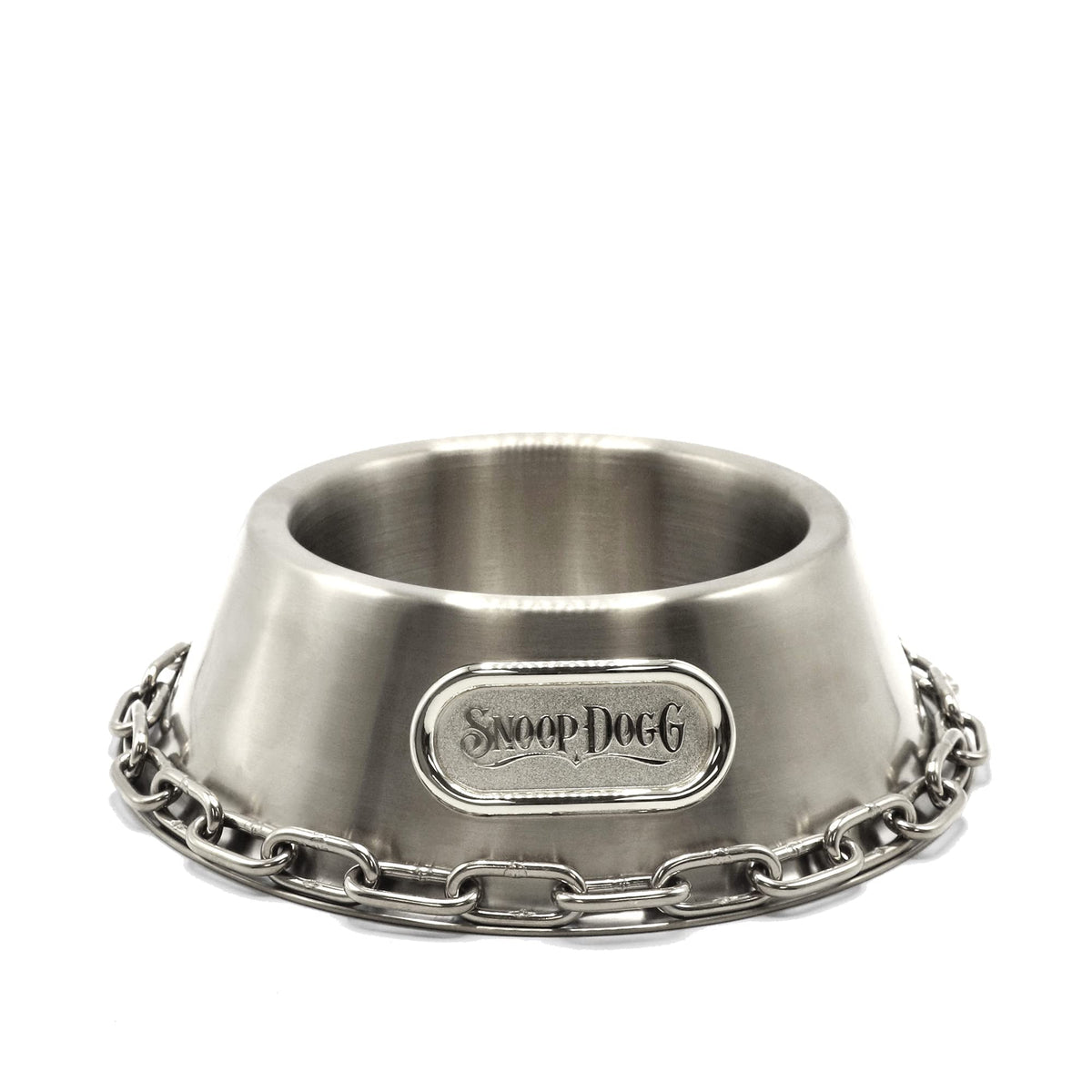 Snoop Doggie Doggs deluxe steel small bowl shows durable polished steel for easy cleaning.