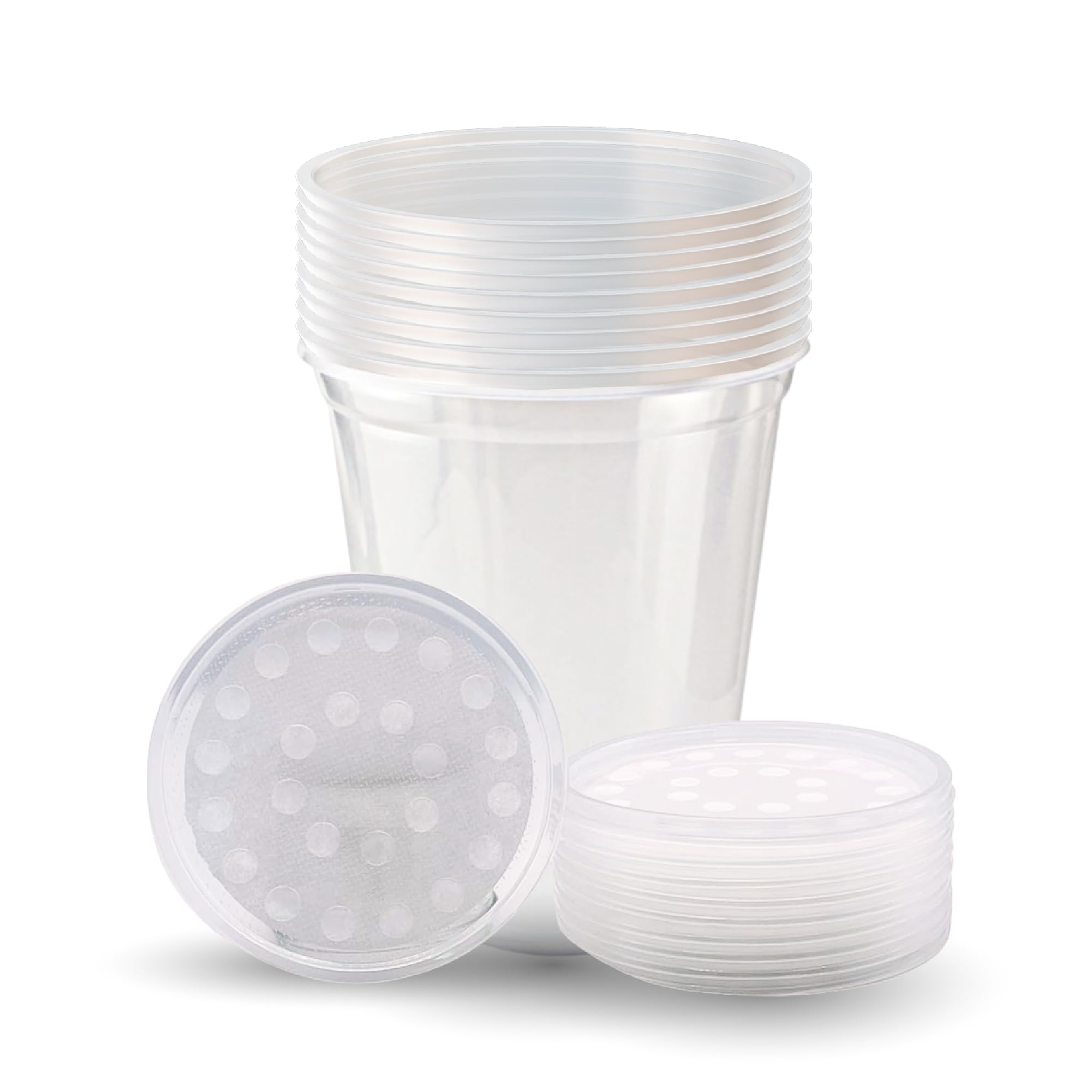 Snout and Shell deli cups with fabric lids secure fruit fly cultures for safe handling.