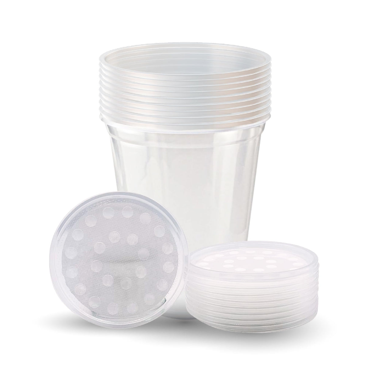 Snout and Shell deli cups with fabric lids secure fruit fly cultures for safe handling.