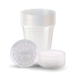 Snout and Shell deli cups with fabric lids secure fruit fly cultures for safe handling.