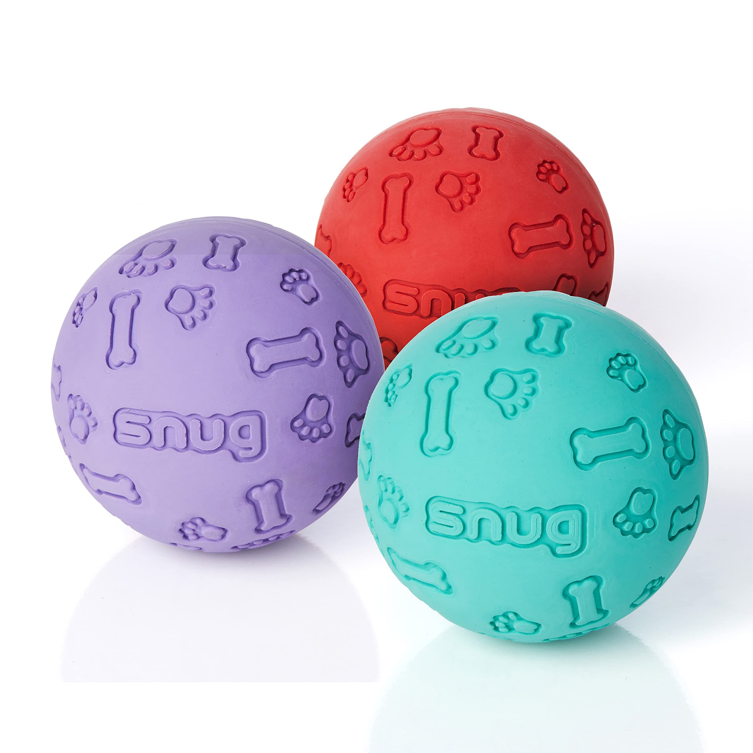 Snug rubber dog ball colorfully designed for fetch and indoor/outdoor play.