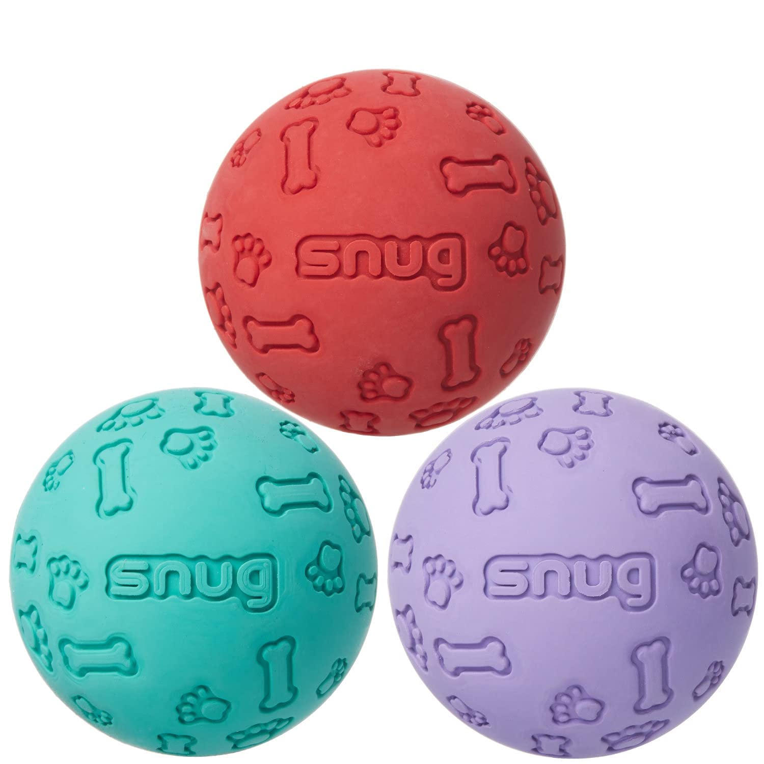 Snug rubber dog ball soft yet tough for small to medium dogs.