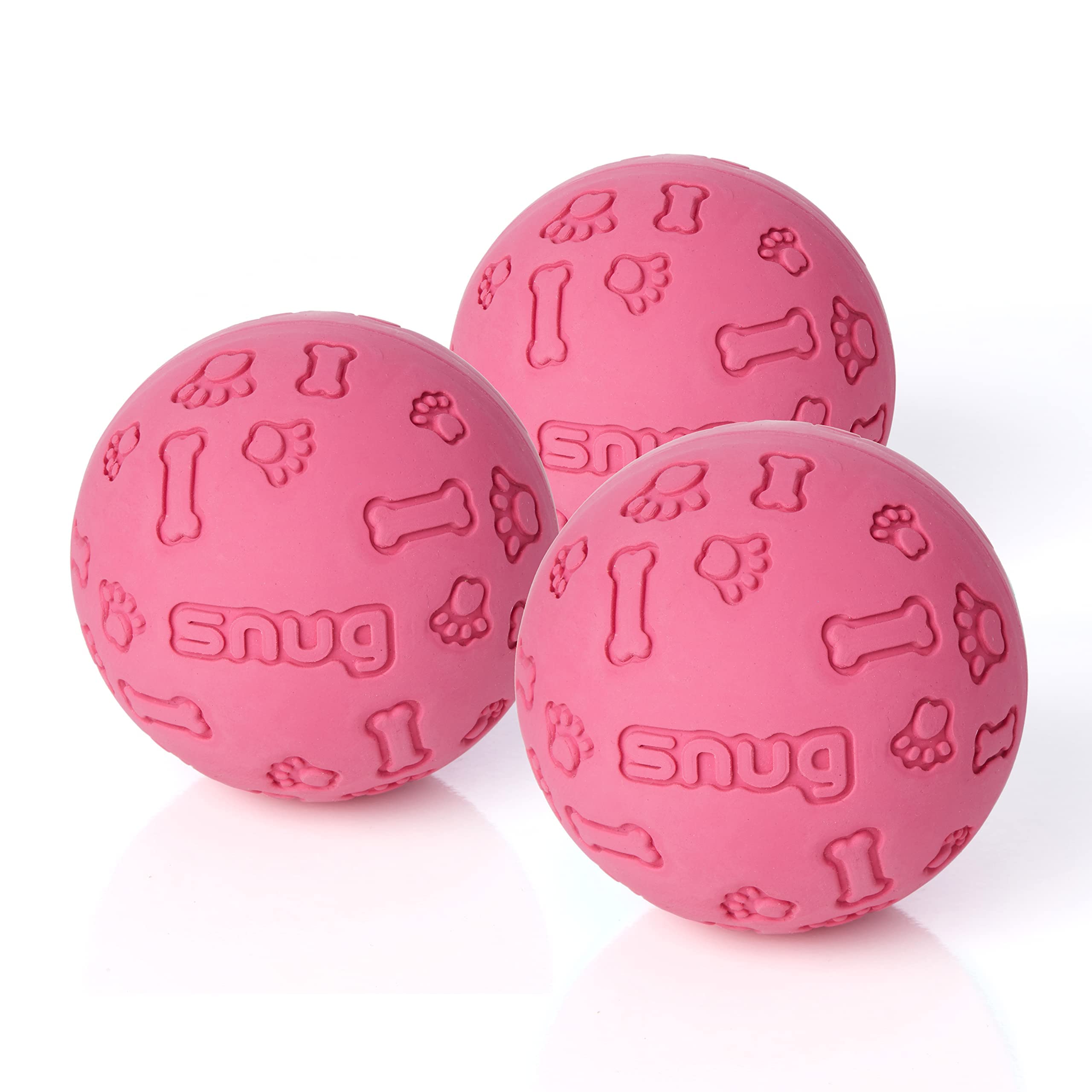 Snug rubber dog balls pink pack closeup shows durable natural rubber for fetch