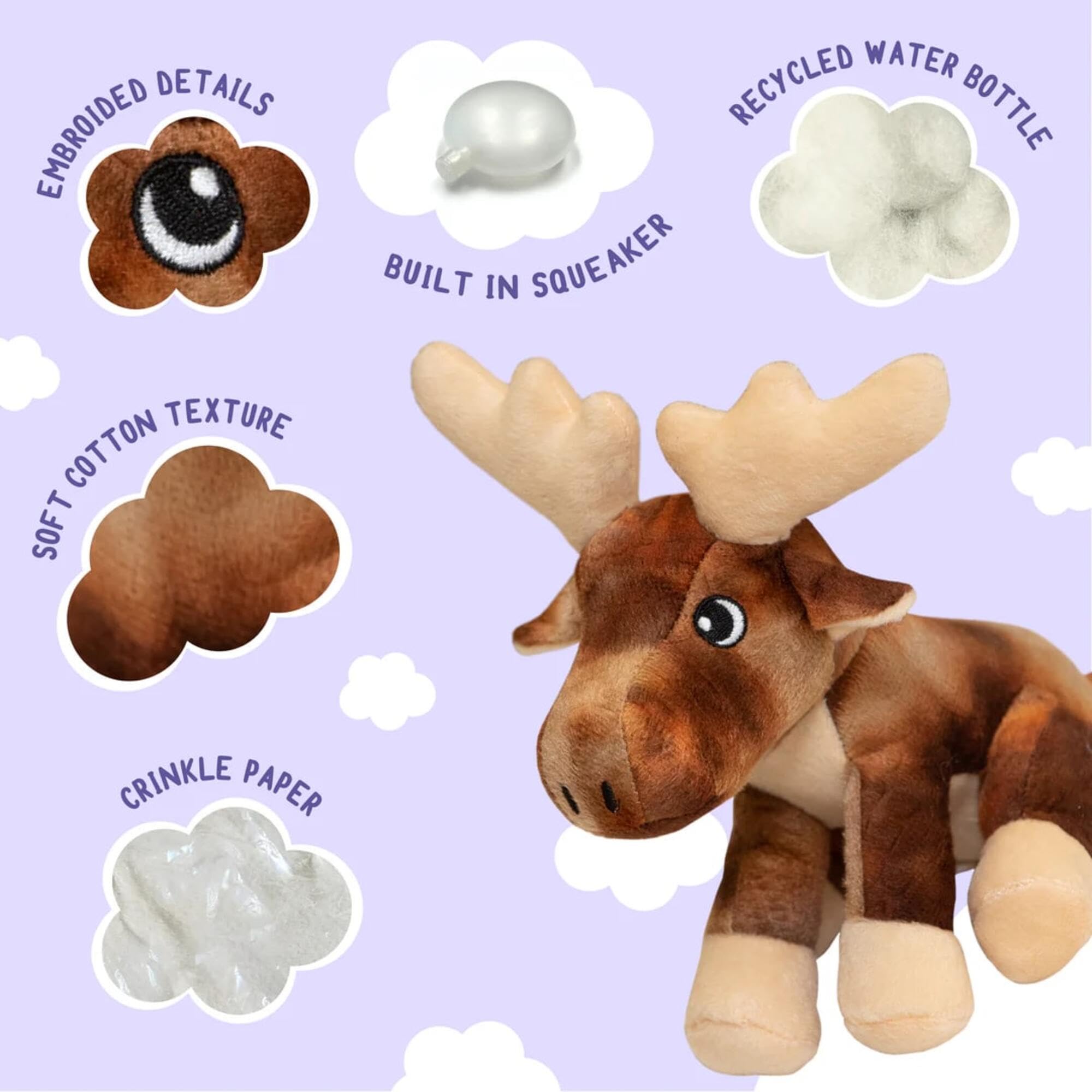 Snugarooz Marty moose plush features crinkle material for sensory engagement.