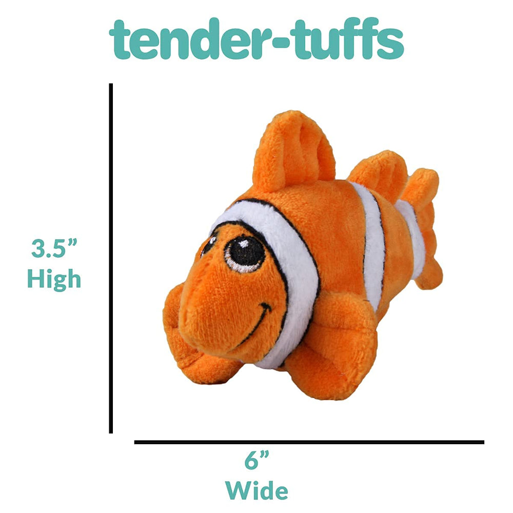 Snuggle Puppy Tender-Tuffs orange clownfish toy playtime with small dogs at home.