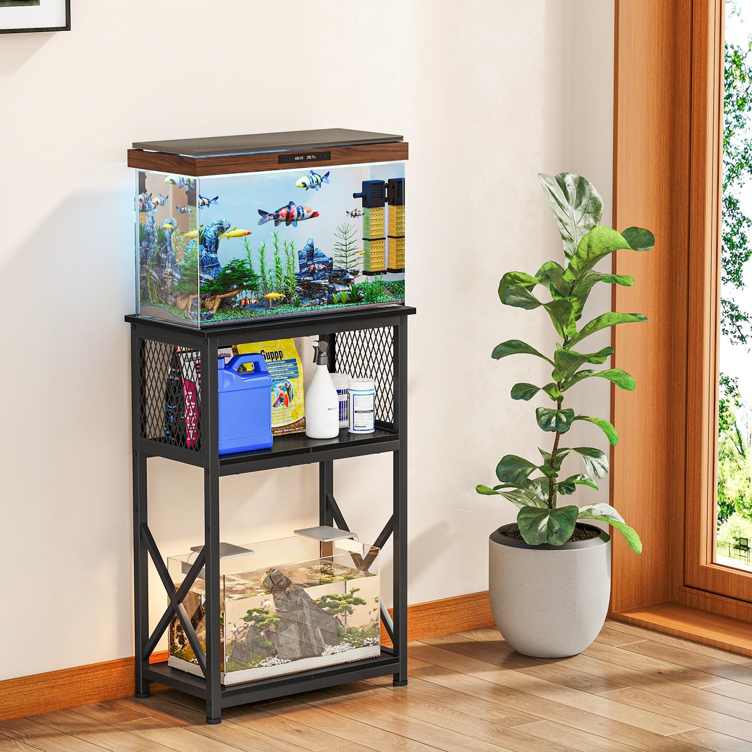 Snughome three-tier stand side view highlights accessible shelves for nets and conditioners.