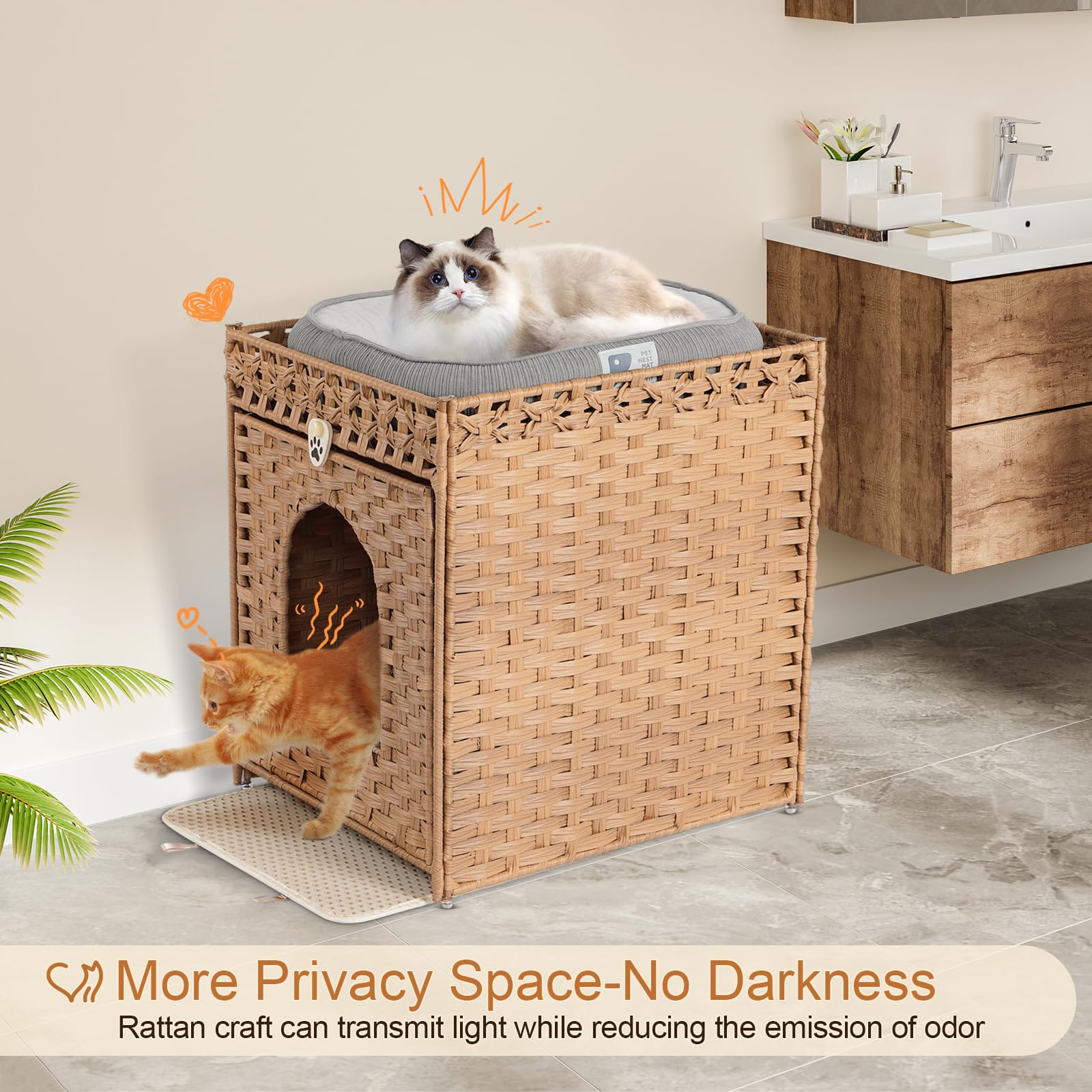 Snughome cat house doubles as a nightstand for a seamless living room look.