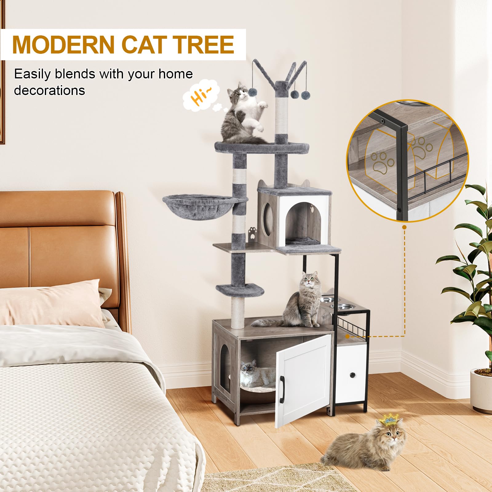 Snughome Cat Tree with Litter Box Enclosure — 3-in-1 Indoor Cat Furniture (67.32 inches)