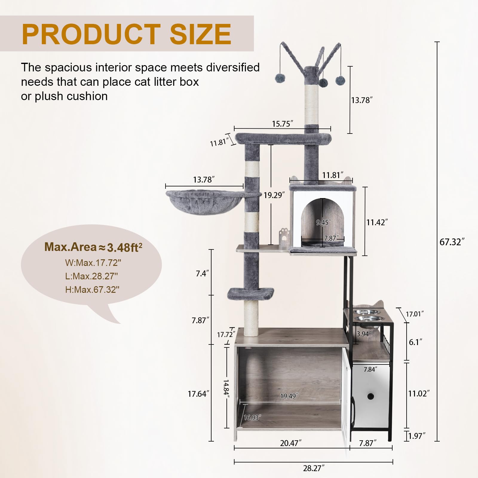 Snughome Cat Tree with Litter Box Enclosure — 3-in-1 Indoor Cat Furniture (67.32 inches)