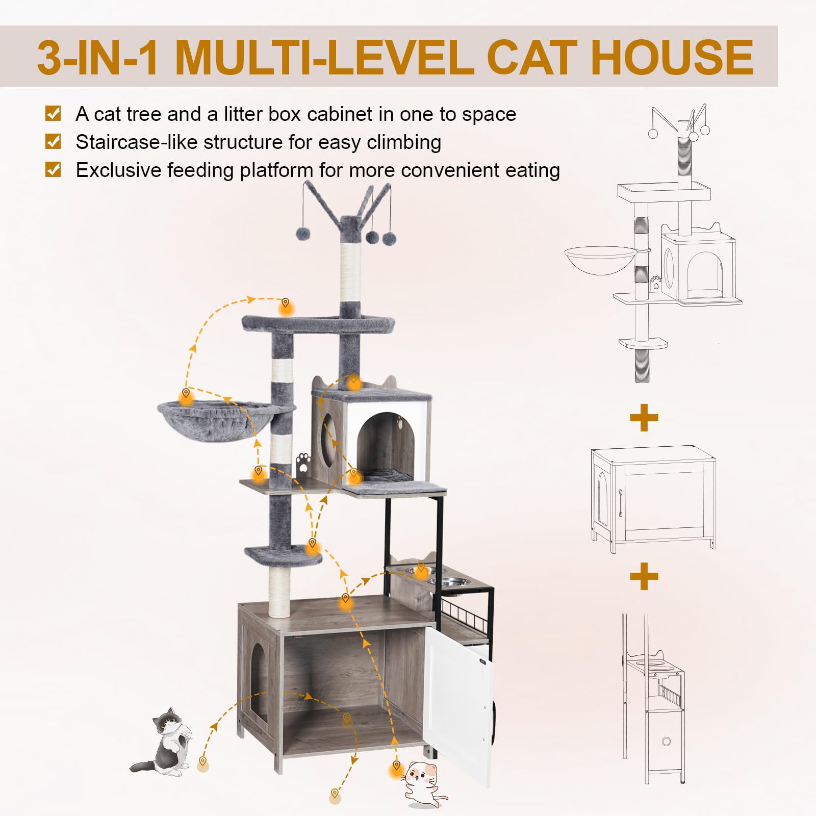 Snughome Cat Tree with Litter Box Enclosure — 3-in-1 Indoor Cat Furniture (67.32 inches)