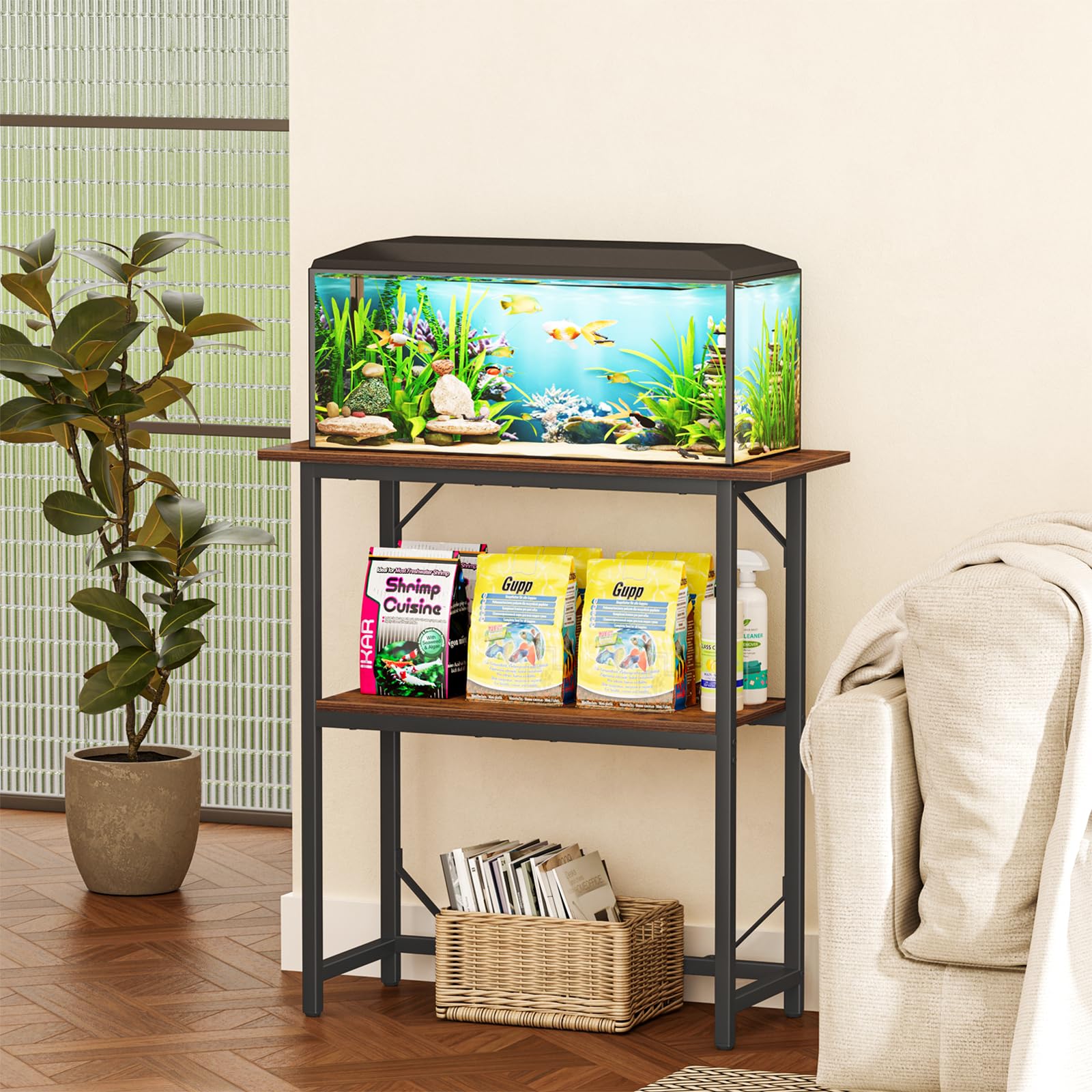 Snughome fish tank stand side view highlights two-tier storage for supplies.
