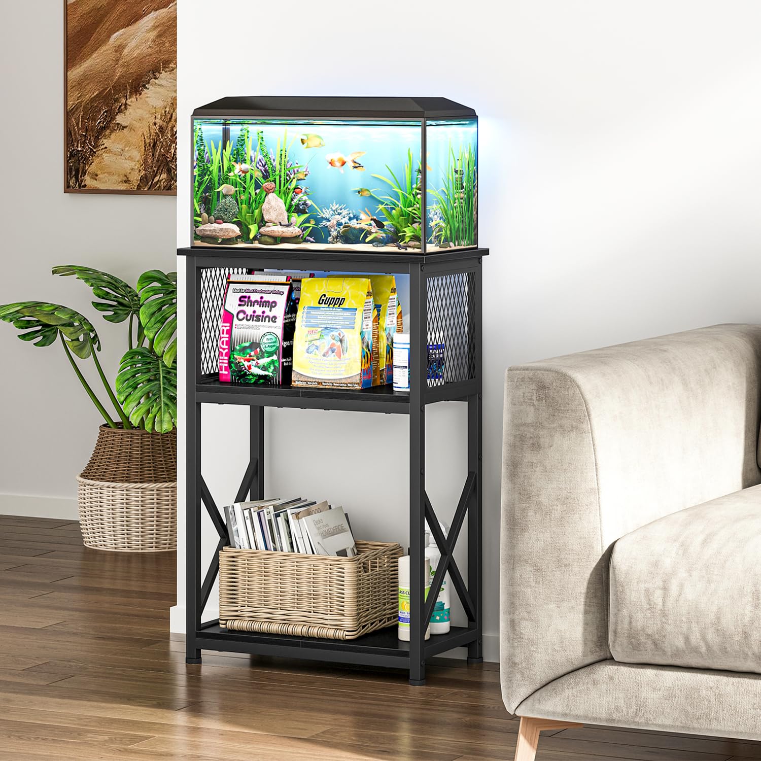 Snughome stand middle tier demonstrates organized storage for fish food and care supplies.