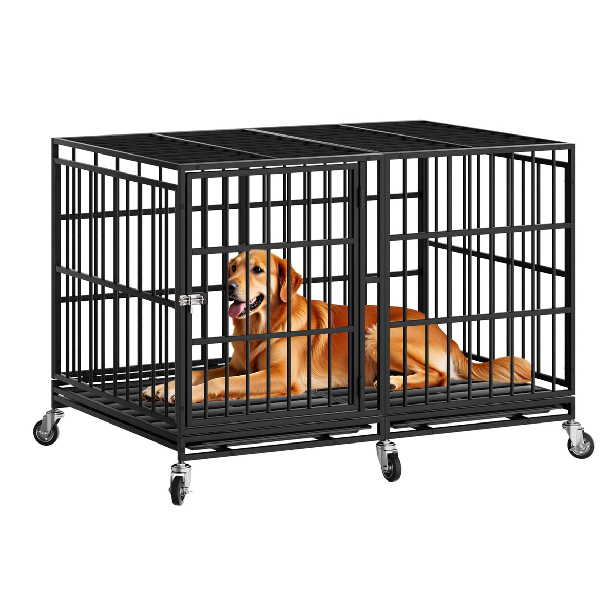 Snuowu 48-inch heavy-duty dog crate with wheels in front view for easy relocation