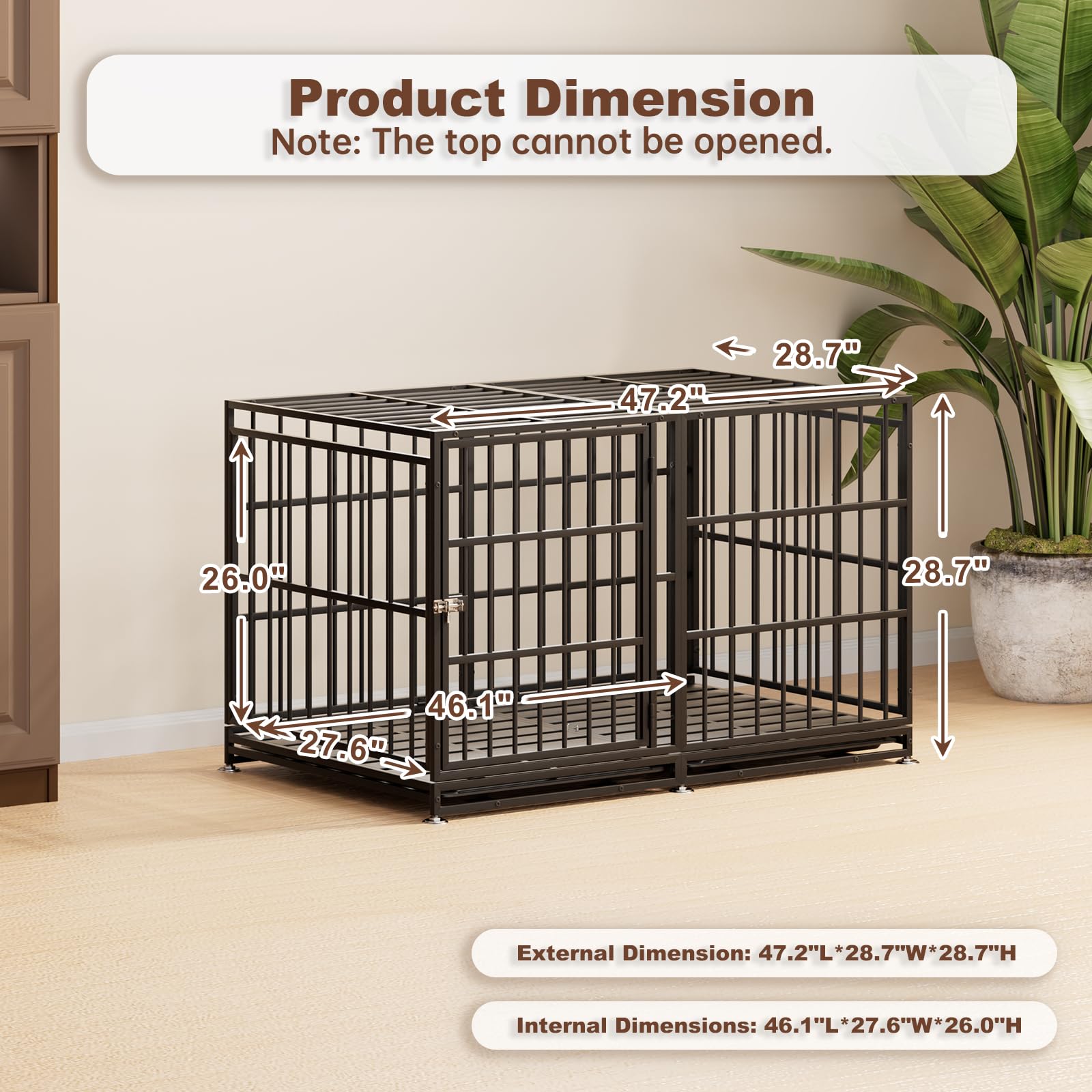Snuowu 48-inch heavy-duty dog crate wheels side view showing interior space