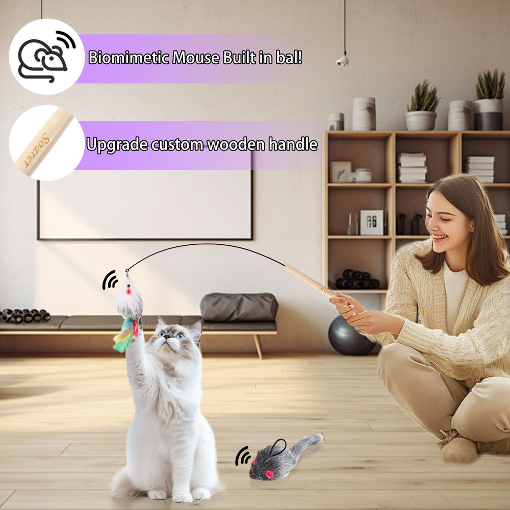 Soarer biomimetic cat mice toy with built-in ball for active pursuit.