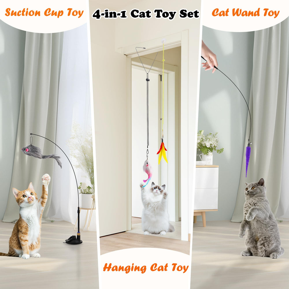 Soarer cat wand with suction cup demonstrates interactive play on smooth surfaces.