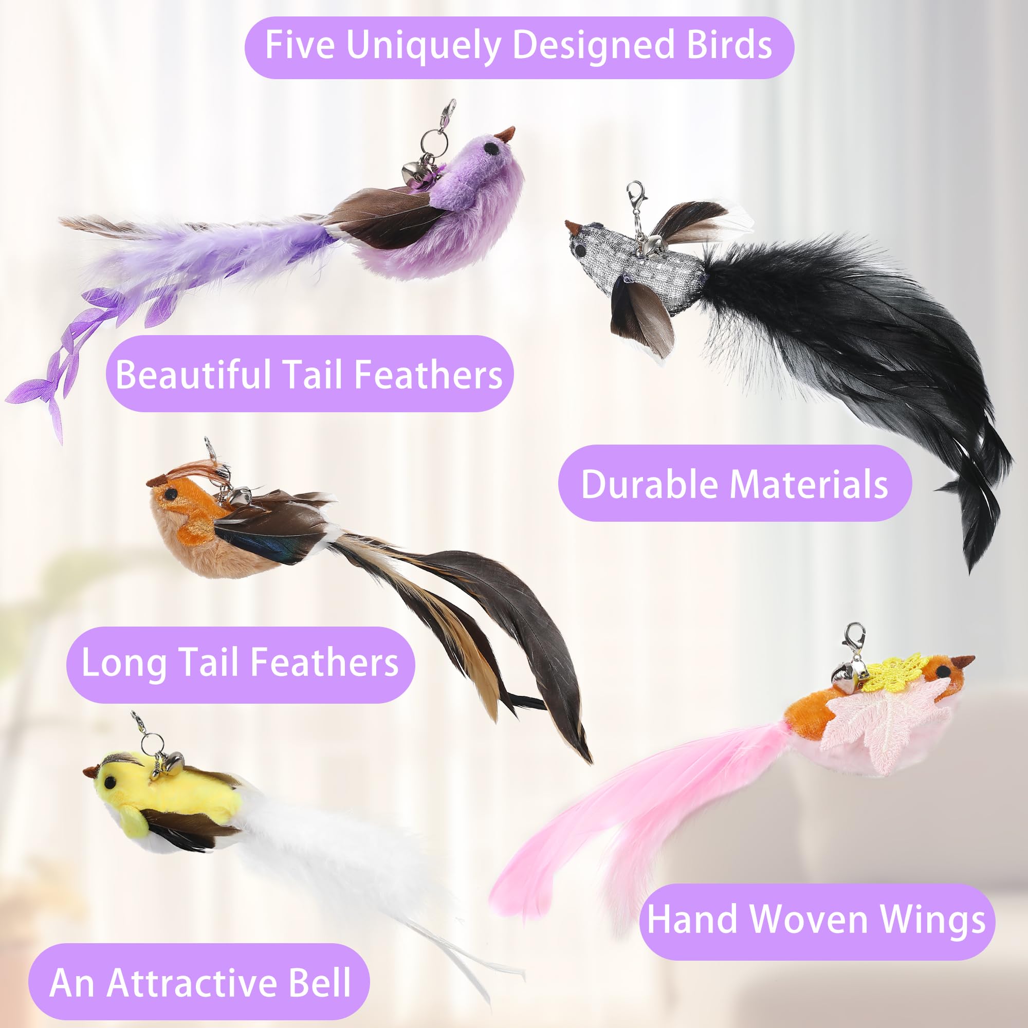 Soarer flying bird cat toy close-up with vivid colors to stimulate hunting instincts.