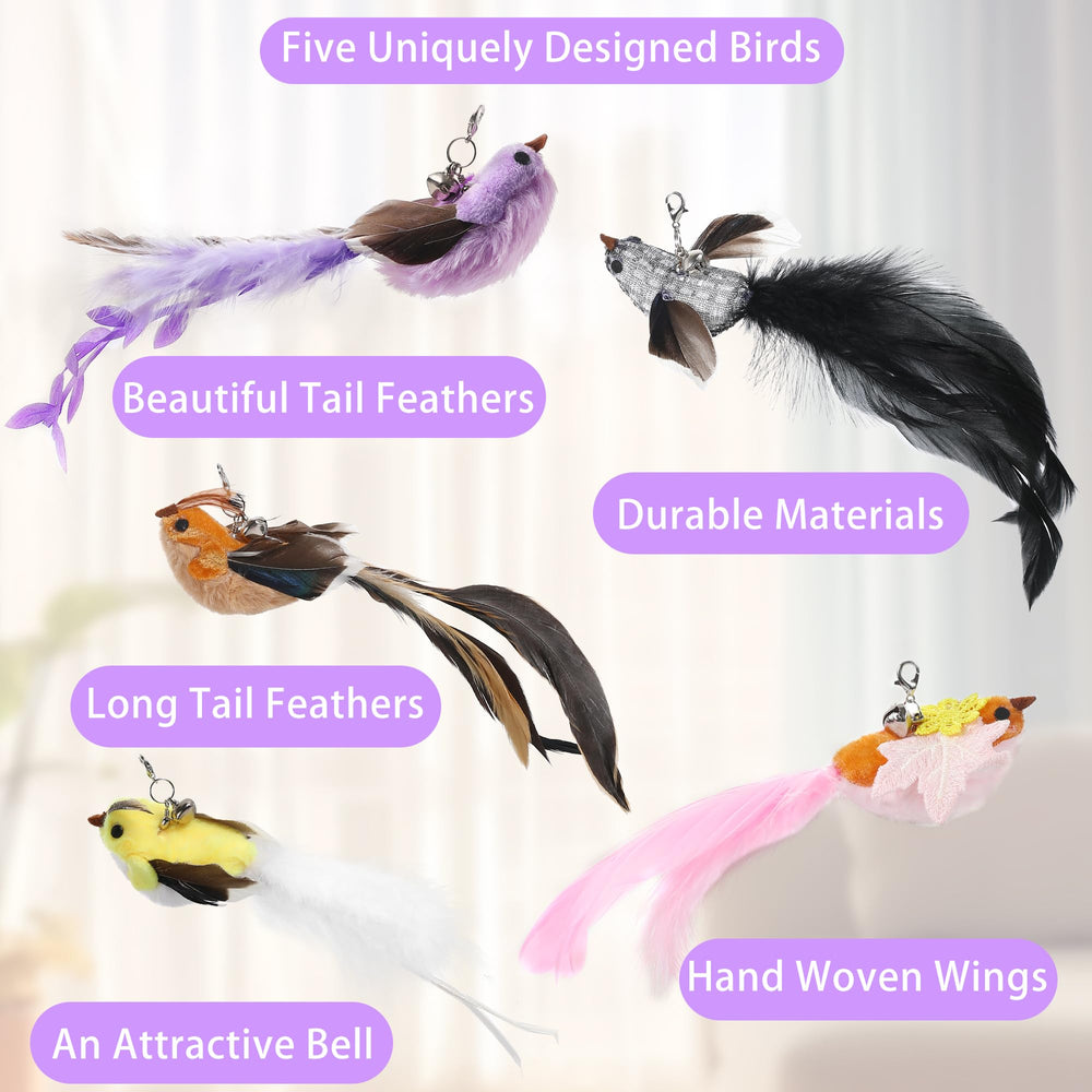 Soarer flying bird cat toy close-up with vivid colors to stimulate hunting instincts.