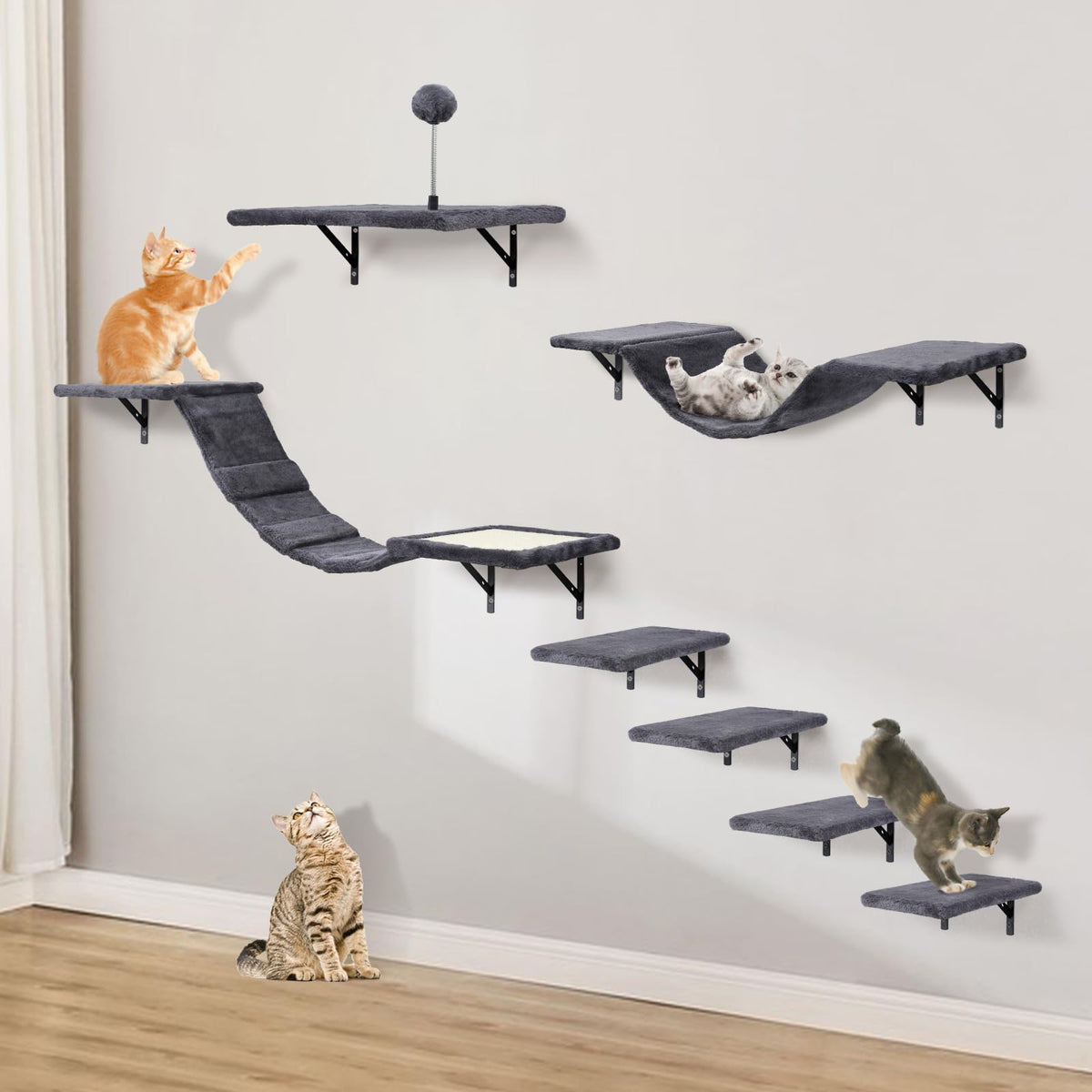 Sobly wall-mounted cat climber set featuring shelves and bridge for space-saving play.