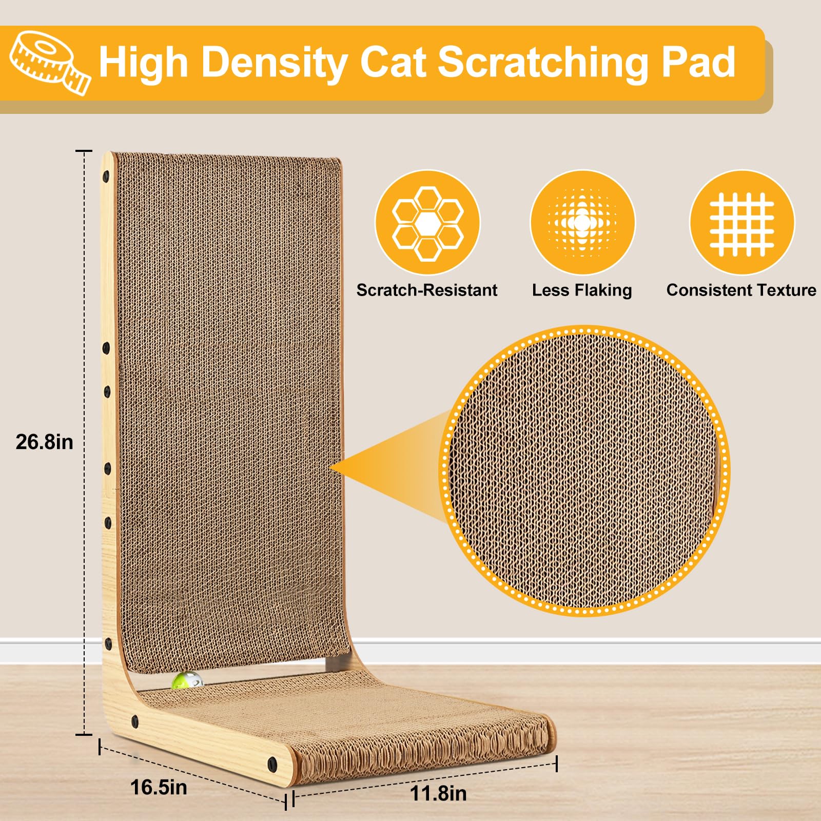 SOCATER Cat Scratcher L Shape 26.8-inch front view with ball toy for interactive play