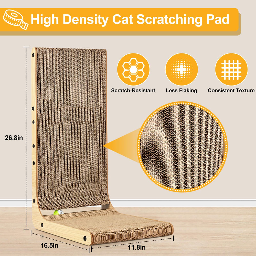 SOCATER Cat Scratcher L Shape 26.8-inch front view with ball toy for interactive play