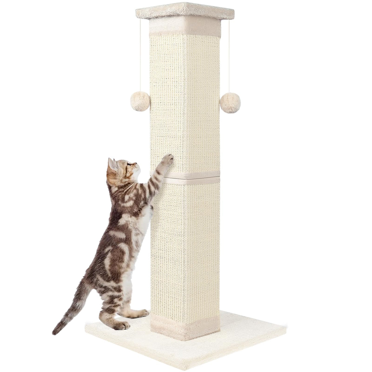 SOCATER cat scratching post shows 33-inch height for tall, comfortable stretch and play