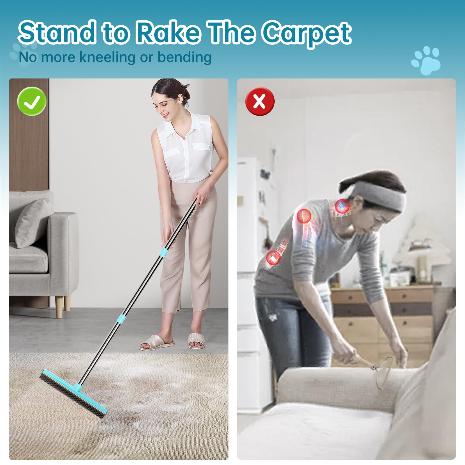 SOCCSO Carpet Rake adjustable length lets you clean couches and rugs easily.