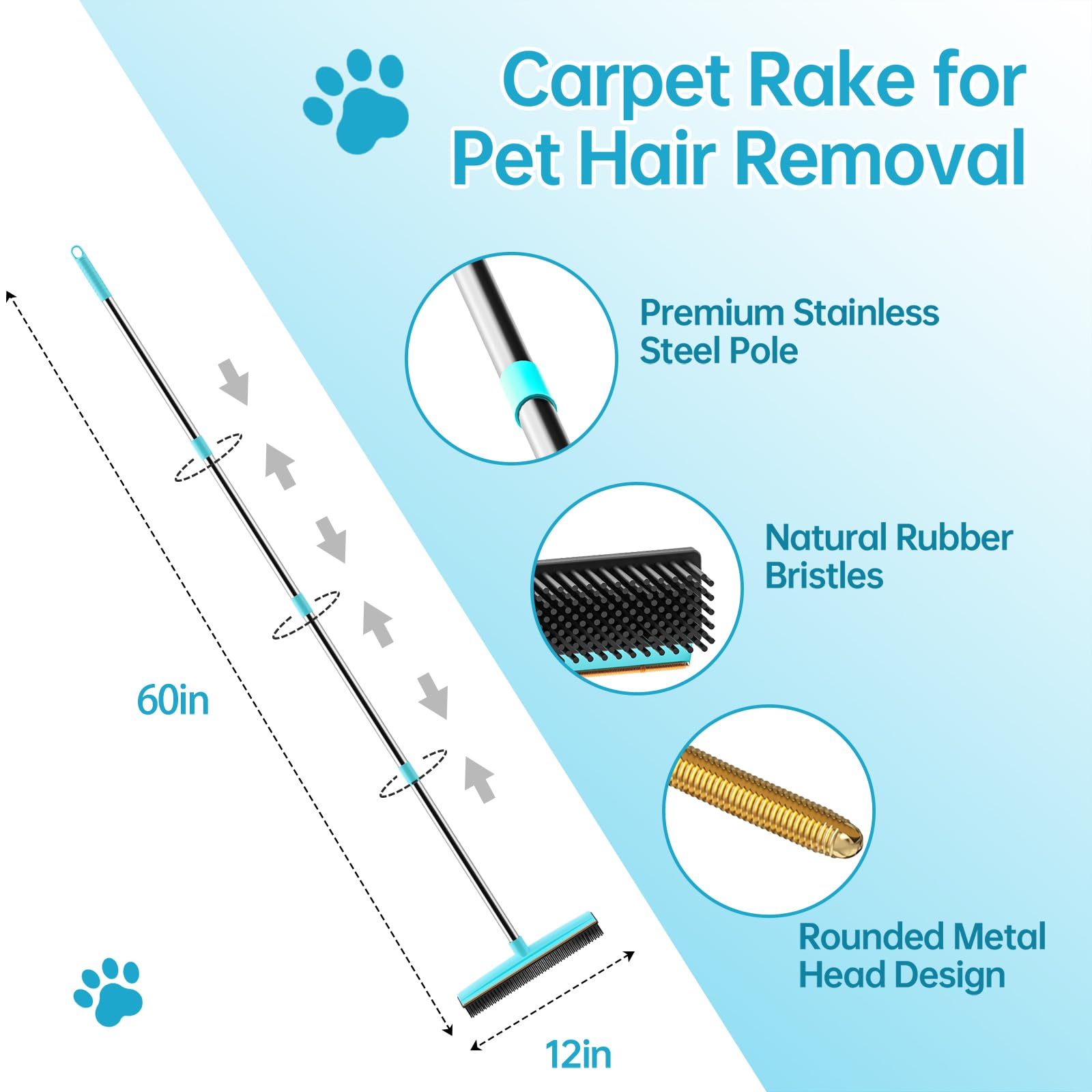 SOCCSO Carpet Rake metal edge design protects carpet fibers during use.