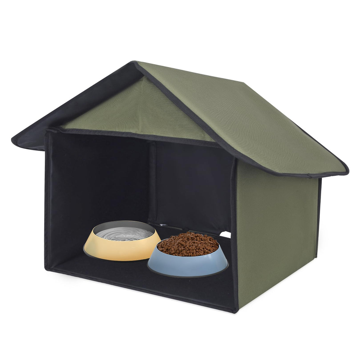 SoeKoa outdoor cat feeding station in green fabric keeps food clean and dry in rain.