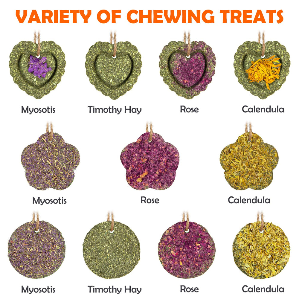 Sofier timothy treats rose flavor with rope for safe cage chewing.