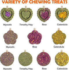 Sofier rose timothy hay cakes hanging to encourage chewing