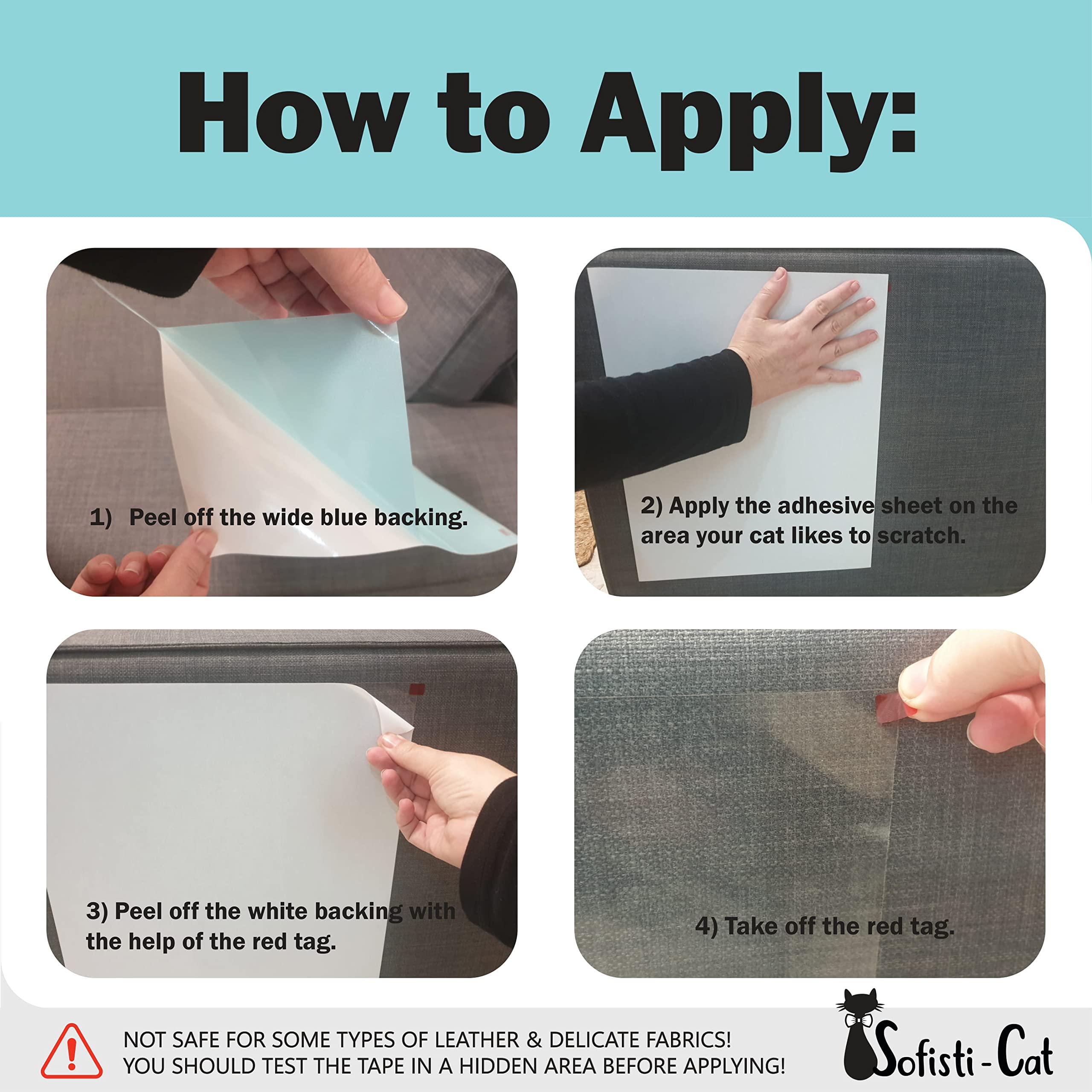 Sofisti-Cat scratch deterrent tape packaging highlights easy adhesion and setup.