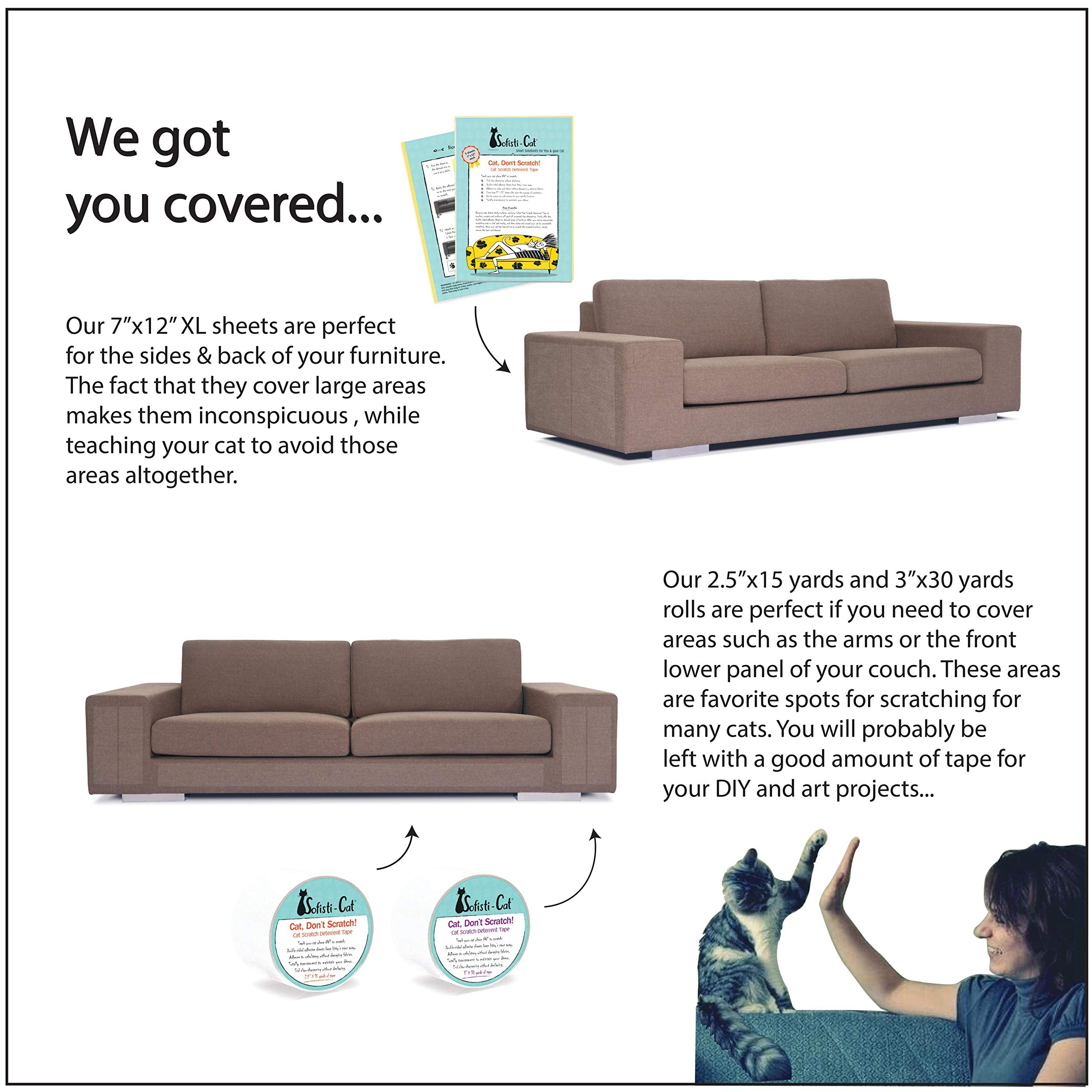 Sofisti-Cat tape on couch edge—humane barrier against cat claws.